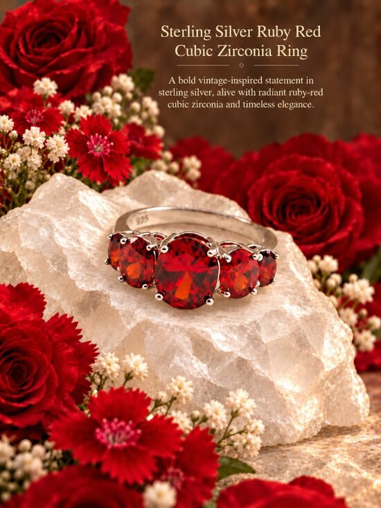 Jewelry - Sterling Silver Radiant Ruby Red Cubic Zirconia Five-Stone Ring - Size 8.75